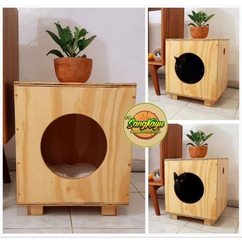 Rumah kucing kayu 40x40x50 cm Asesoris kucing minimalis