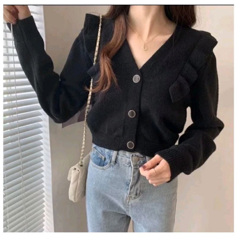 Cardigan Viola Knit Outer Wanita Ruffle Rajut