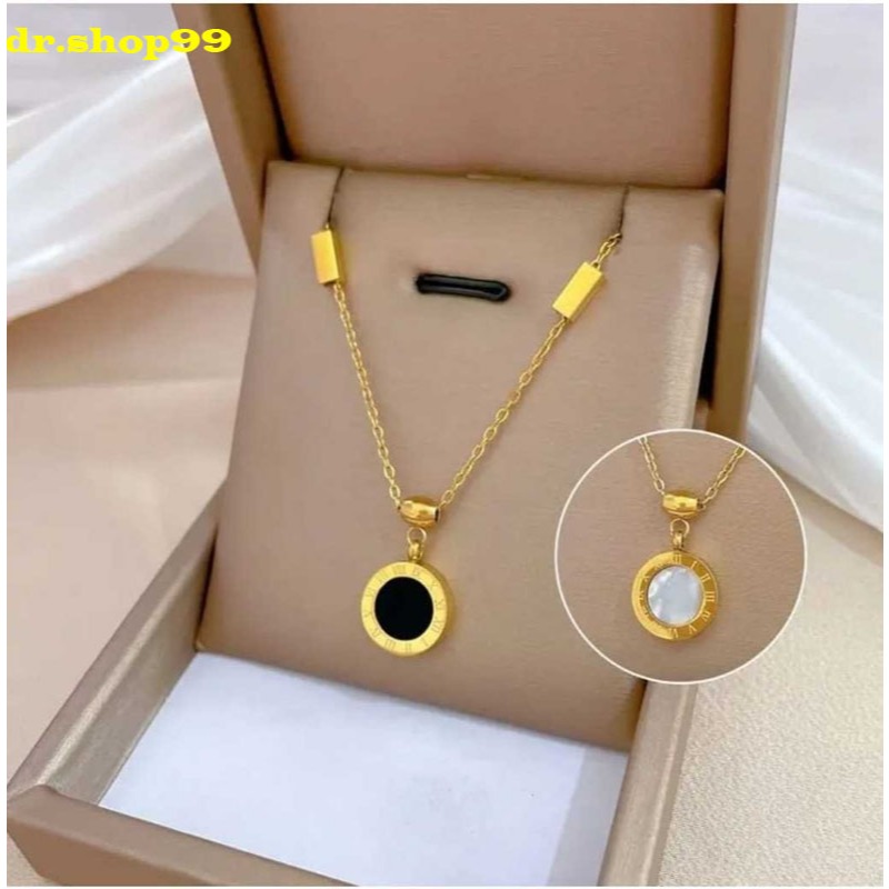 Perhiasan Wanita - Kalung Titanium Asli Rantai Liontin Bulat Hitam dan Putih Anti Karat dan Luntur H