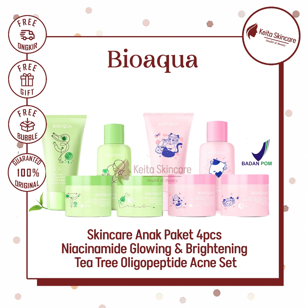 BIOAQUA Skincare Anak Paket 4pcs Milk Niacinamide Glowing & Brightening BIOAQUA Tea Tree Oligopeptid