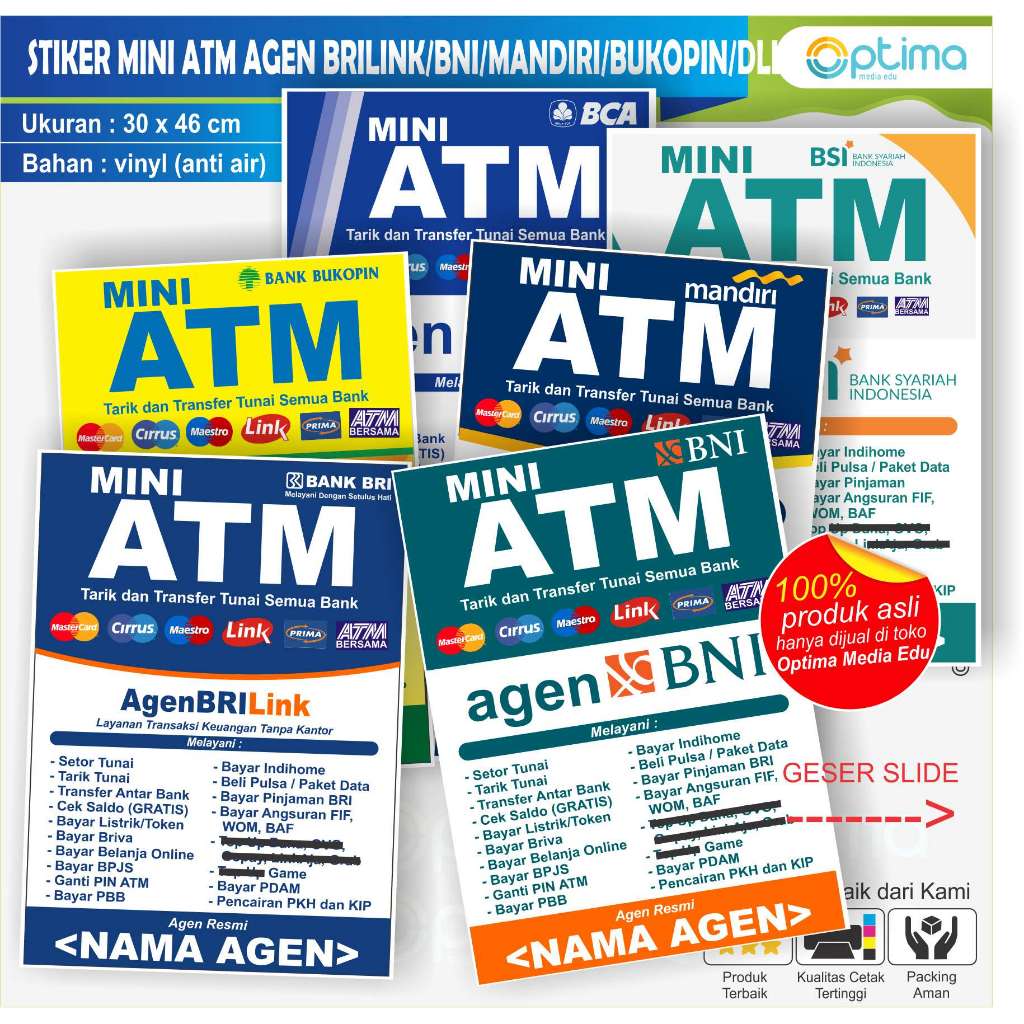 STIKER MINI ATM DAN AGEN BRILINK, AGEN BNI 46, MITRA MANDIRI, AGEN BUKOPIN, bca, bsi, lainnya