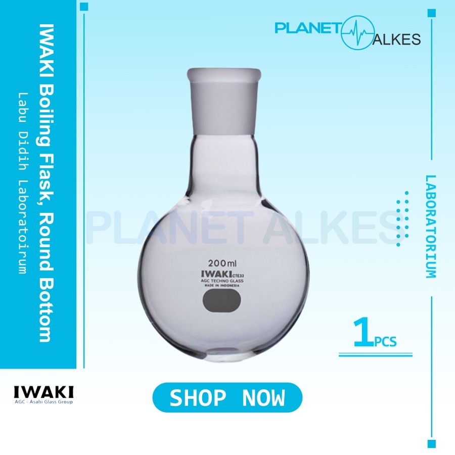 Labu Didih IWAKI 4320FK200-29 Boiling Flask, Round Bottom, TS Joint 100ml, 200ml 300ml, 500ml Prakti
