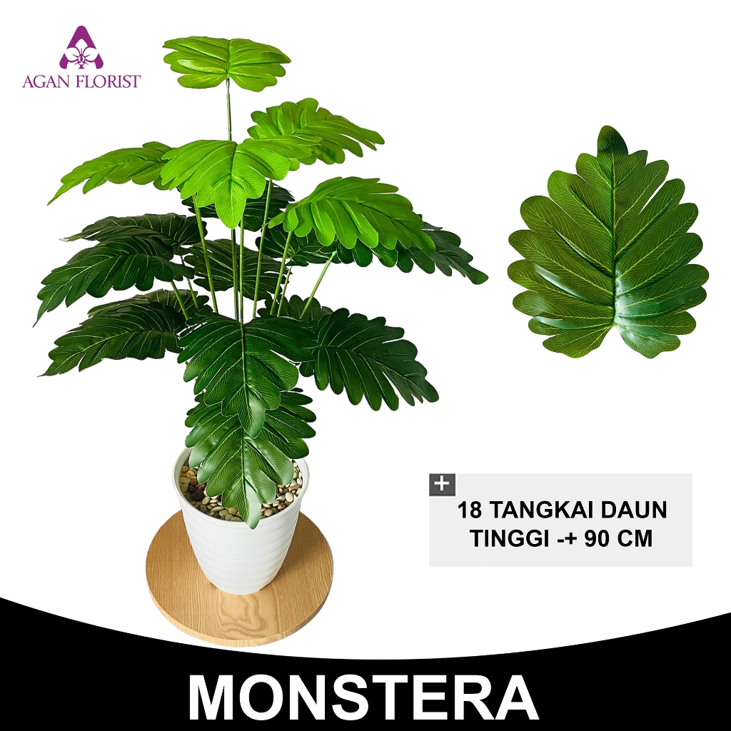 Tanaman Hias Daun Monstera Janda Bolong Artificial Plastik Palsu Dgn Pot 18 Cabang Bunga THD004-C