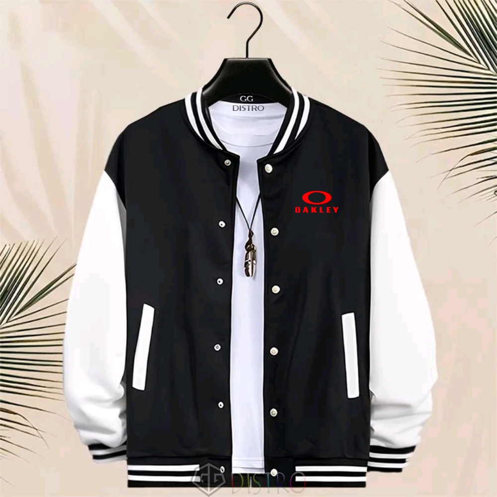 GG Distro - Jacket Unisex Baseball Kancing Jacket Varsity Oakley Motif Red Jacket Pria Print
