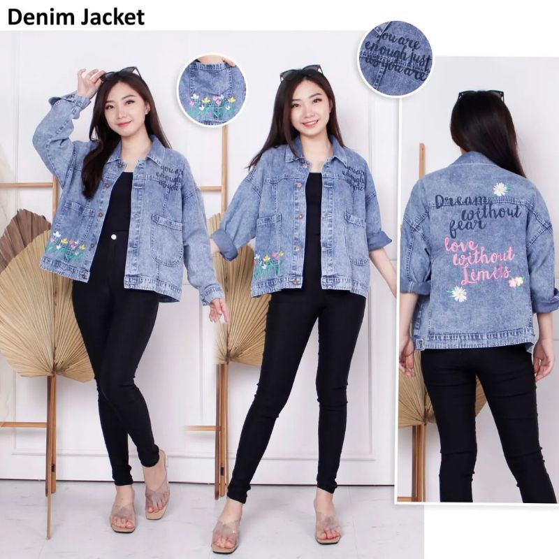 Jaket Jeans Oversize Bordir Bunga Jaket Jeans Wanita Jaket Jeans Oversize Bermotif