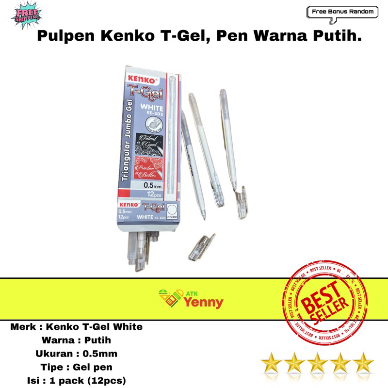 

Pulpen Gel Kenko T-Gel Warna Putih / Gel Pen Kenko T-Gel White 0.5mm