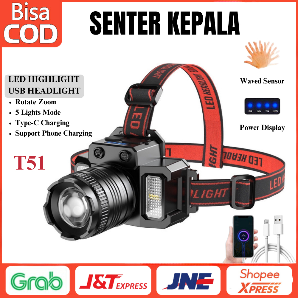 Headlamp Senter Kepala LED Super Terang 5 Mode Dengan Sensor Gerak Lampu Kepala F-T51 USB PowerBank