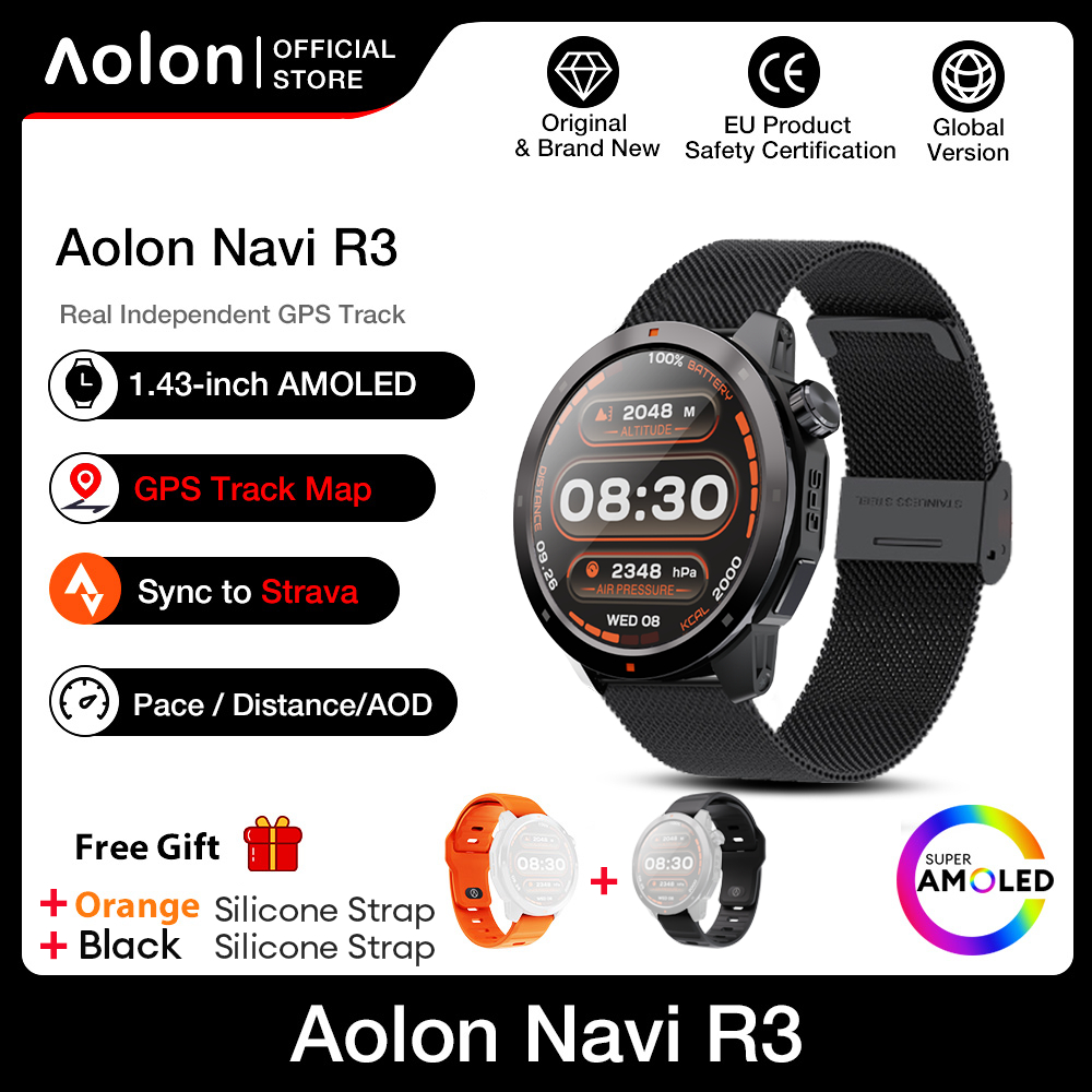 Aolon Navi R3 Jam Tangan Pria GPS Map Pace Amoled AOD Display Smartwatch Altitude Air Pressure Sport Pria-Black Milan Metal
