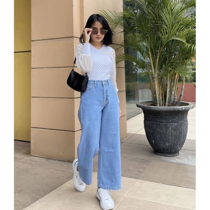 Celana Panjang Moza Kulot Jeans Wanita Kekinian Highwaist Loose Kekinian Ala Korea Style Pinggang Ka