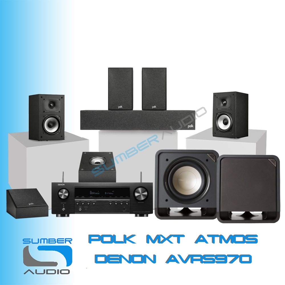 Denon Home Theatre Dolby Atmos 5.2.2 AVRS970H + Polk Audio Monitor MXT90 MXT-35 MXT-20 MXT-15 HTS-10