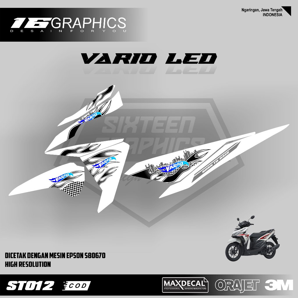 Stiker Motor Vario led 125 Old - Striping Stiker Vario Led Motif Api Dasar Putih
