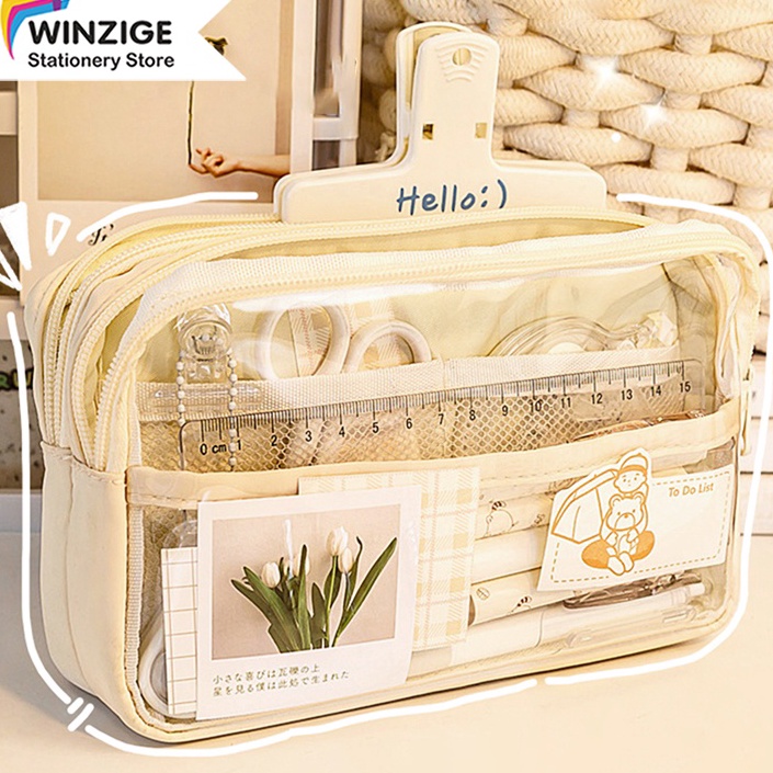 

Winzige kotak pensil transparan aesthetic pencil case large tempat pensil pen pouch lucu stationery organizer