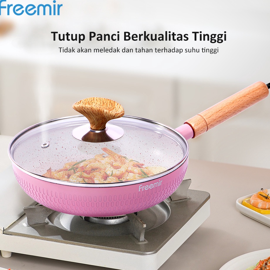 XG34448 Wajan Penggorengan 2 Cm Anti Lengket Pink Tutup Kaca Frying Pan
