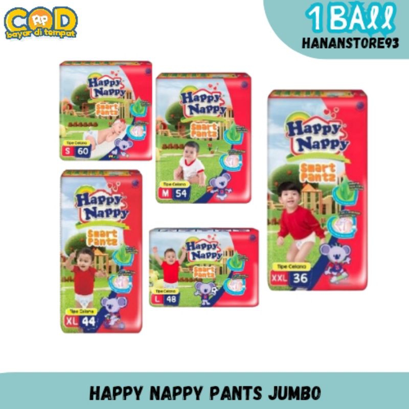 (1 Ball) Happy Nappy Smart Pants Jumbo Celana S 60 / M 54 / L 48 / XL 44 Pampers Popok Celana (Hanan