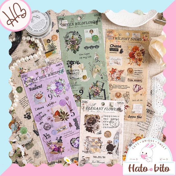 

1 set isi 6 lembar retro flower sticker vintage aesthetic journal diy scrapbook deco stiker bunga HB1732