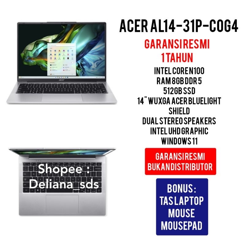 Laptop Acer AL14-31P-C0G4 Intel Core N100 8GB/512GB SSD 14" WUXGA Garansi Resmi 1 Tahun Laptop Acer 