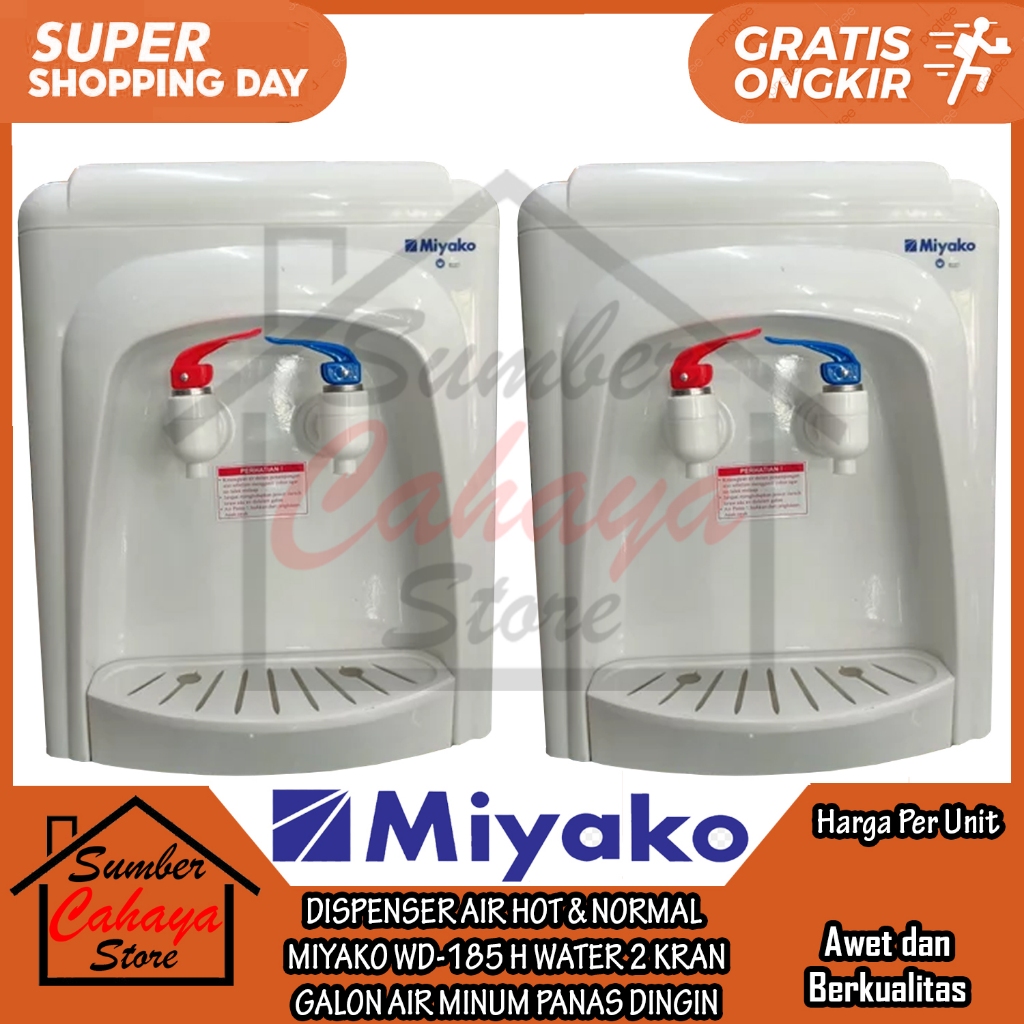 FILTER DISPENSER AIR SUPER HOT & NORMAL MIYAKO WD-185 H WATER DIS PENSER 2 KRAN KERAN MINUM PANAS DI