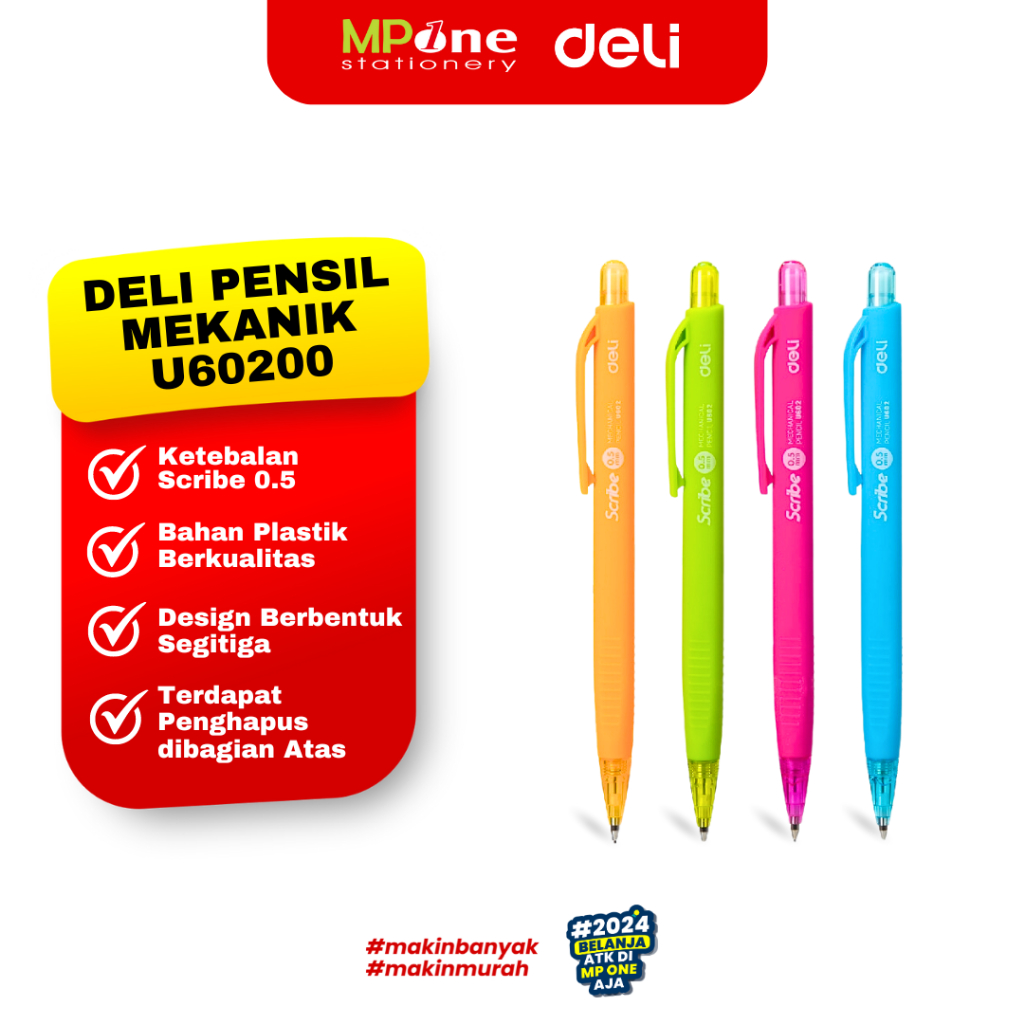 

(1 PCS) Deli 6020 Pensil Mekanik 0.5mm / Mechanic Pencil 2B Warna Warni Deli Scribe U602