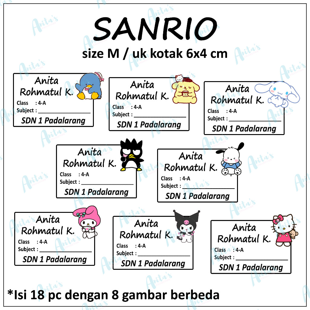 

18pc STIKER NAMA BUKU PELAJARAN ANAK SEKOLAH tema SANRIO | size M / 6x4 cm | CUSTOM