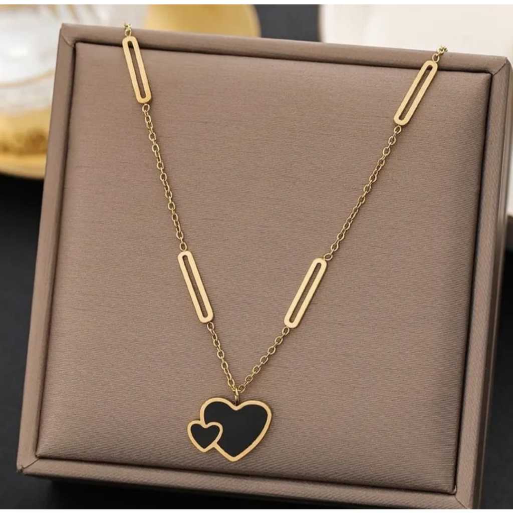 KALUNG EMAS TITANIUM WANITA KOREA/KALUNG RANTAI LOVE HITAM GANDENG