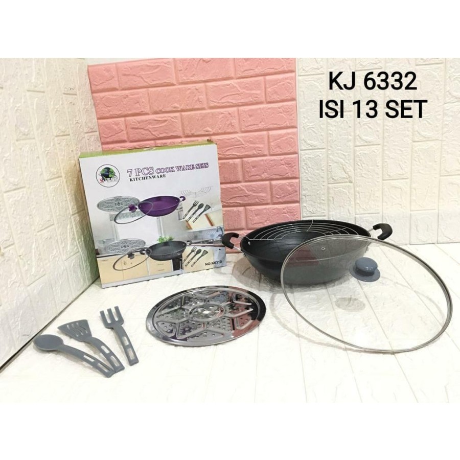 Wajan Wokpan Penggorengan Kukus Set Enamel Tutup Kaca Anti Lengket SaringanPanci Gagang Cookware