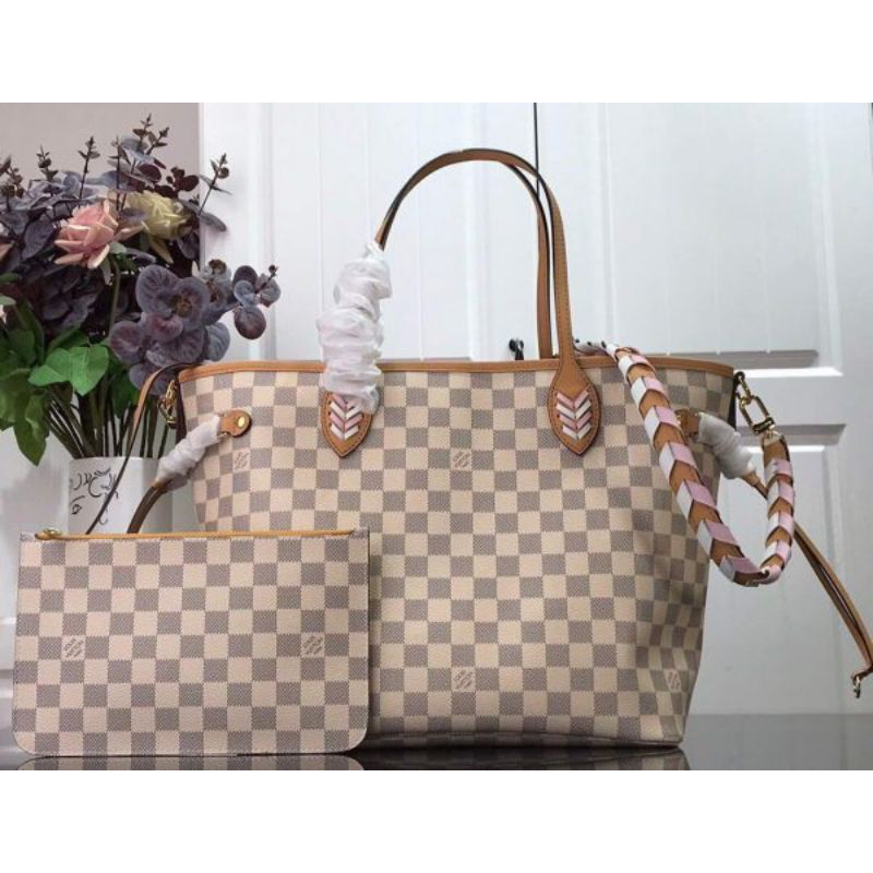 Ready with rec/bill Paris LV Neverfull MM Damier Azur Canvas Bag Pink