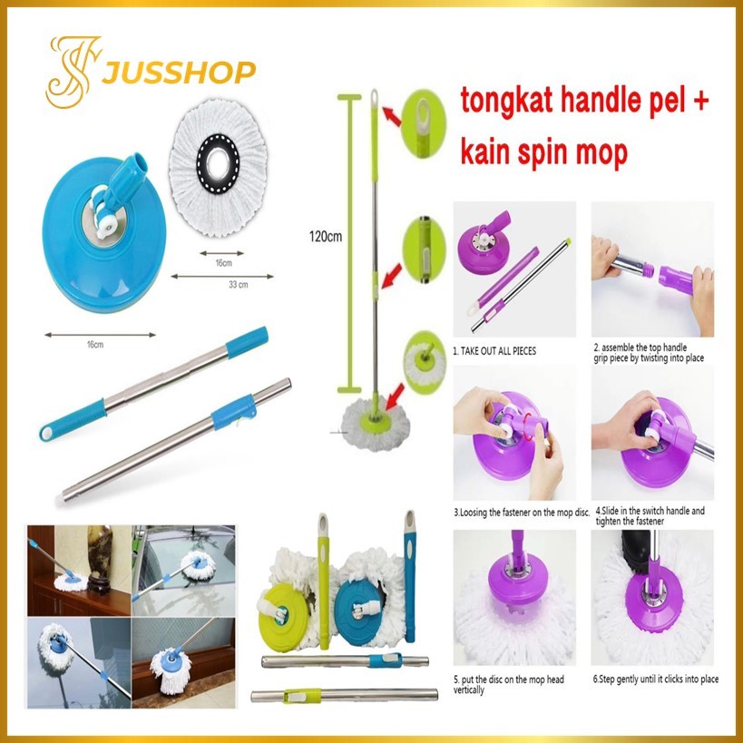 Tongkat Handle Pel + Kain Spin Mop Alat Pel Lantai Set Mop Stick Kain Refill Spin Mop
