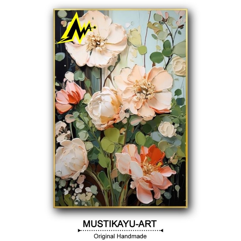 Lukisan kanvas abstrak bunga hijau 60 x 90 cm frame handmade hiasan dinding