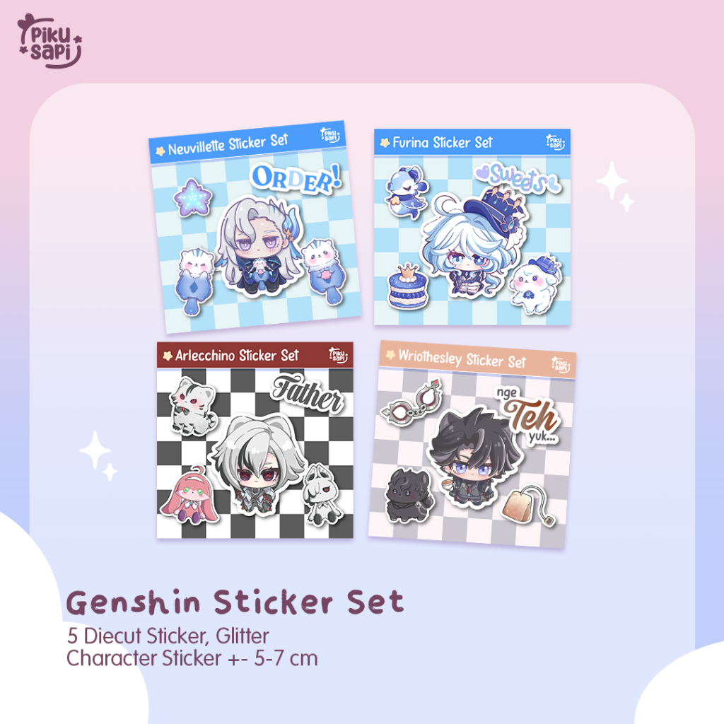

GENSHIN IMPACT NEUVILLETTE. FURINA, ARLECCHINO, WRIOTHESLEY ticker Pack cute/Lucu, Diecut, Glitter Sticker, isi 5 pcs