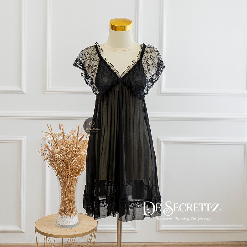 DeSecrettz DAISY Baju Tidur Wanita Dewasa Model Lingerie Big Size, Includes Lingerie + G String, Baju Tidur Wanita, Baju Dinas Depan Suami, Babydoll Lingerie, Pakaian Dalam Wanita, Lingerie Murah, Sleepwear-Black