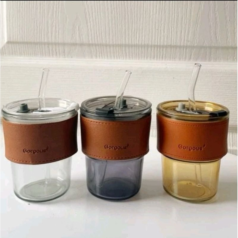 GELAS KACA AESTHETIC + SEDOTAN KACA DENGAN DOS/TUMBLER KACA DENGAN SEDOTAN KACA