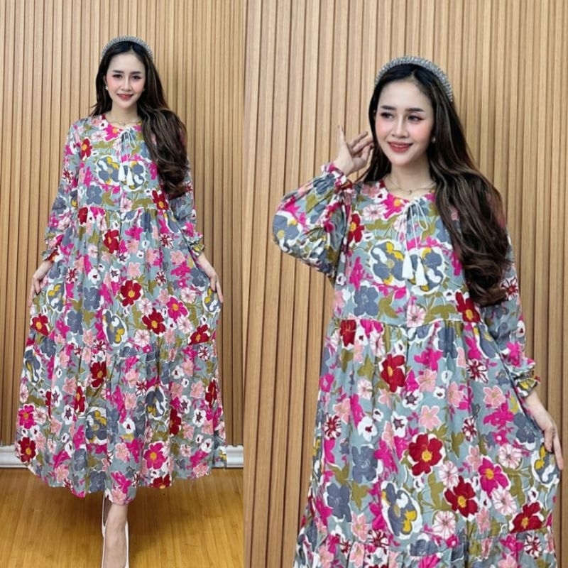 DRESS MIDI PINKAN RAYON PREMIUM LD 110 POLOS MOTIF BUNGA  / GAMIS RAYON MURAH MERIAH/ GAMIS HARI RAY