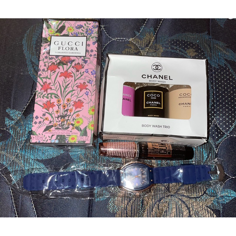 Parfume GUCCI FLORA Set Body wash Chanel Jam tangan dan Mascara Mybeline