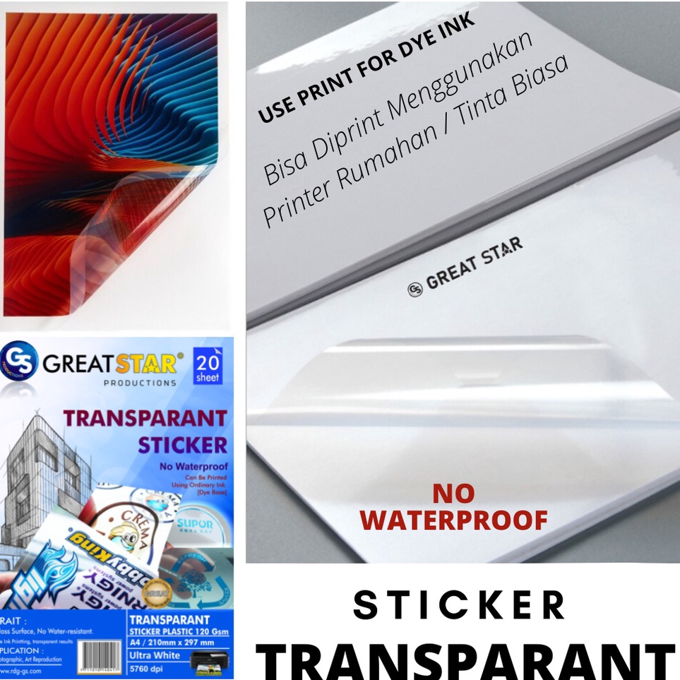 

STICKER TRANSPARANT GREAT STAR A4 NO WATERPROOF support dye ink Printer inkjet