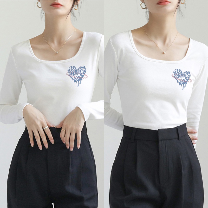 kaos lengan panjang crop top baju atasan wanita terbaru  kemeja bottoming wanita kerah persegi Littl