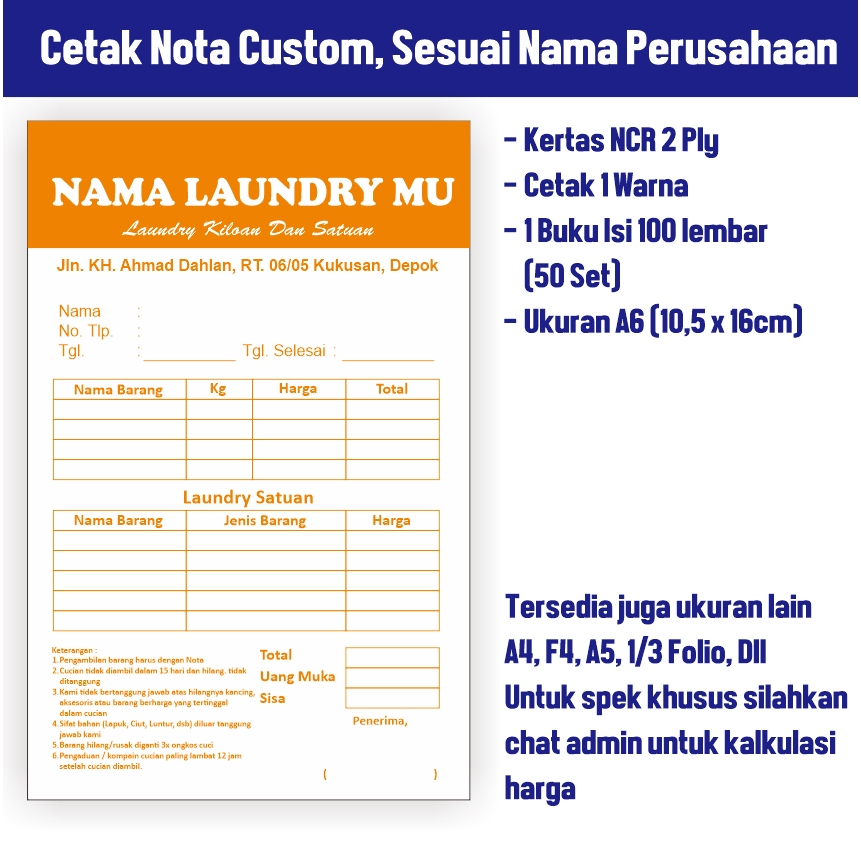 

Cetak nota invoice custom 2 ply nota laundry / nota bengkel / surat jalan / faktur dll harga per rim