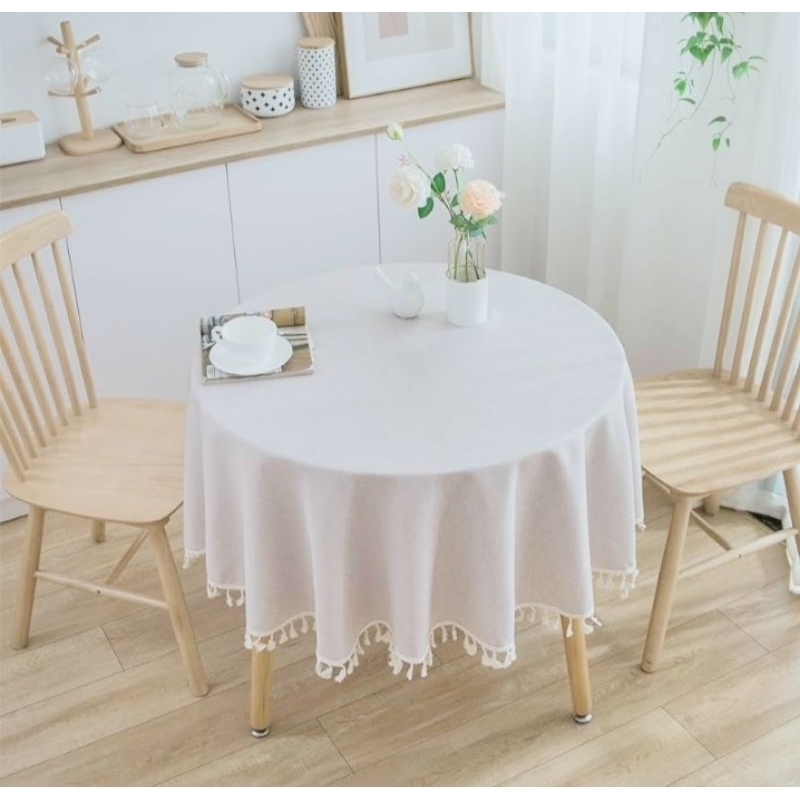 taplak meja tamu/meja makan bundar satin rumbai