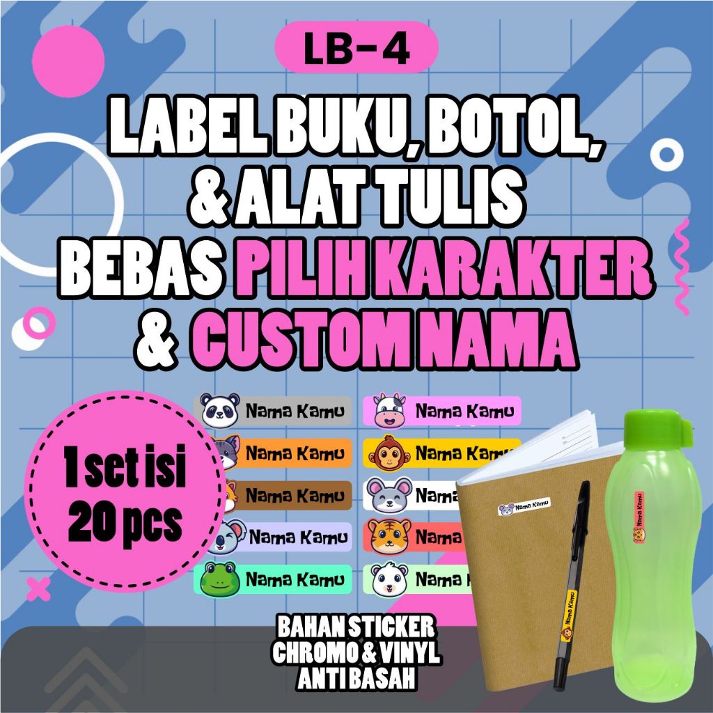 

LB4 Sticker Nama Label Sticker Anak Tema Binatang Stiker buku Isi 20pcs Gratis Custom Nama