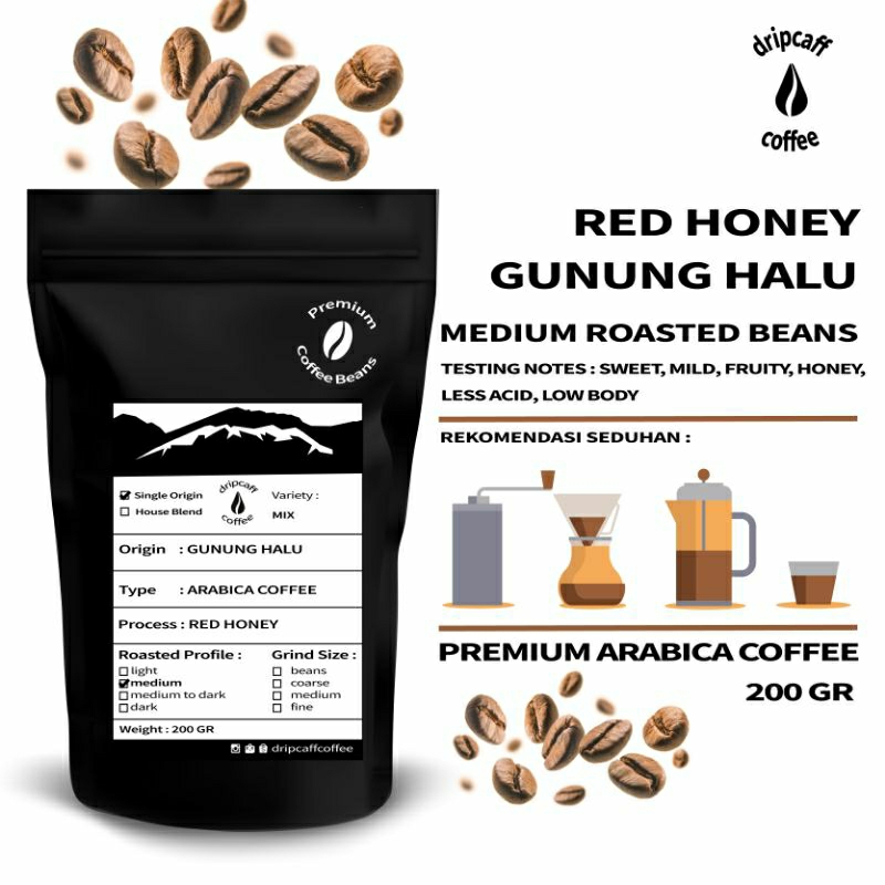 

DRIPCAFF Kopi Arabika Gunung Halu Red Honey 200gr Medium Roast Biji / Bubuk Asli Premium Jawa Barat