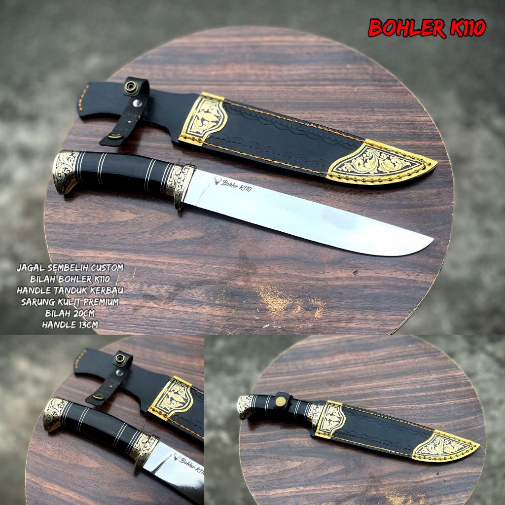Golsem custom bohler k110 handle tanduk sarung kulit premium bilah 20 cm