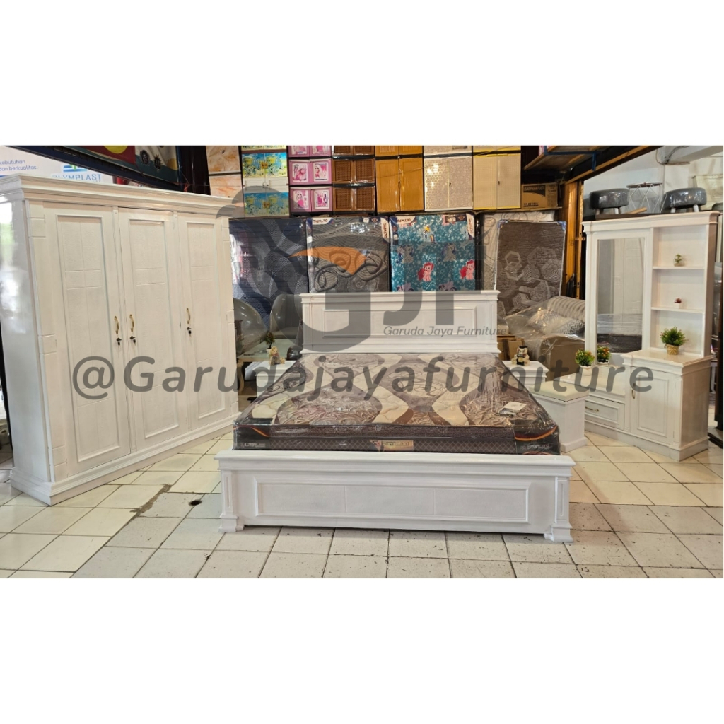 KAMAR SET PUTIH MINIMALIS/KAMAR SET KAYU/KAMAR SET LENGKAP LEMARI KAYU 3 PINTU/DIVAN KAYU/NAKAS KAYU