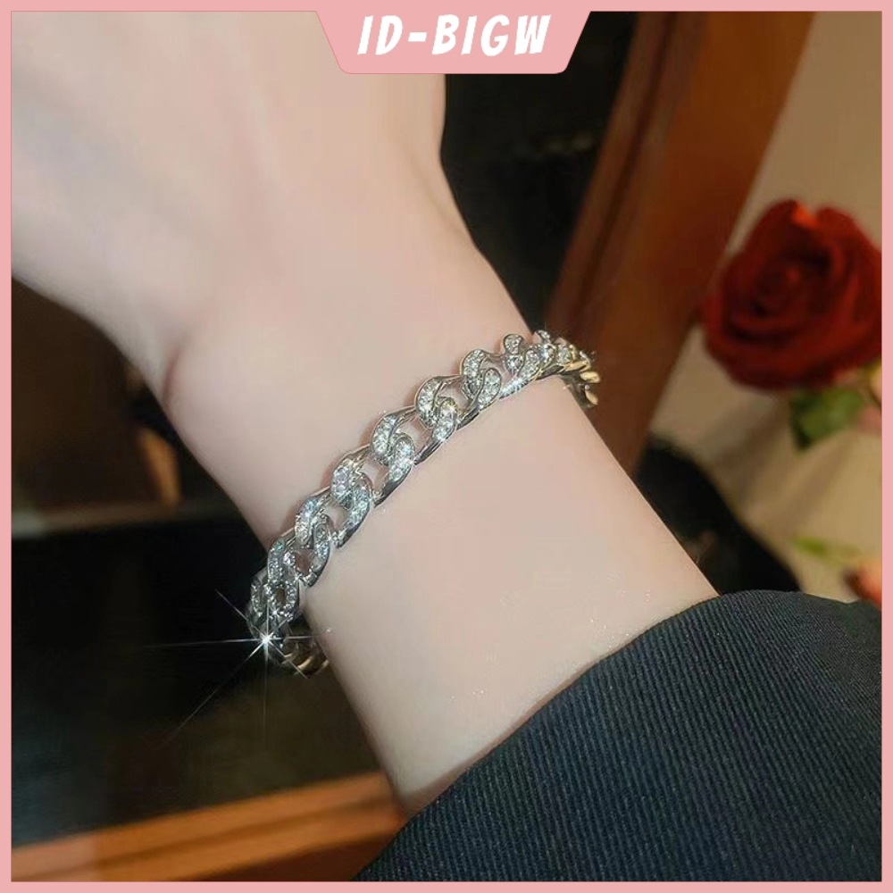 STOCK 12mm Lebar Gelang Berlian Wanita/Pria Bertatahkan Berlian Imitasi Gelang Fashion Mengkilap Mew