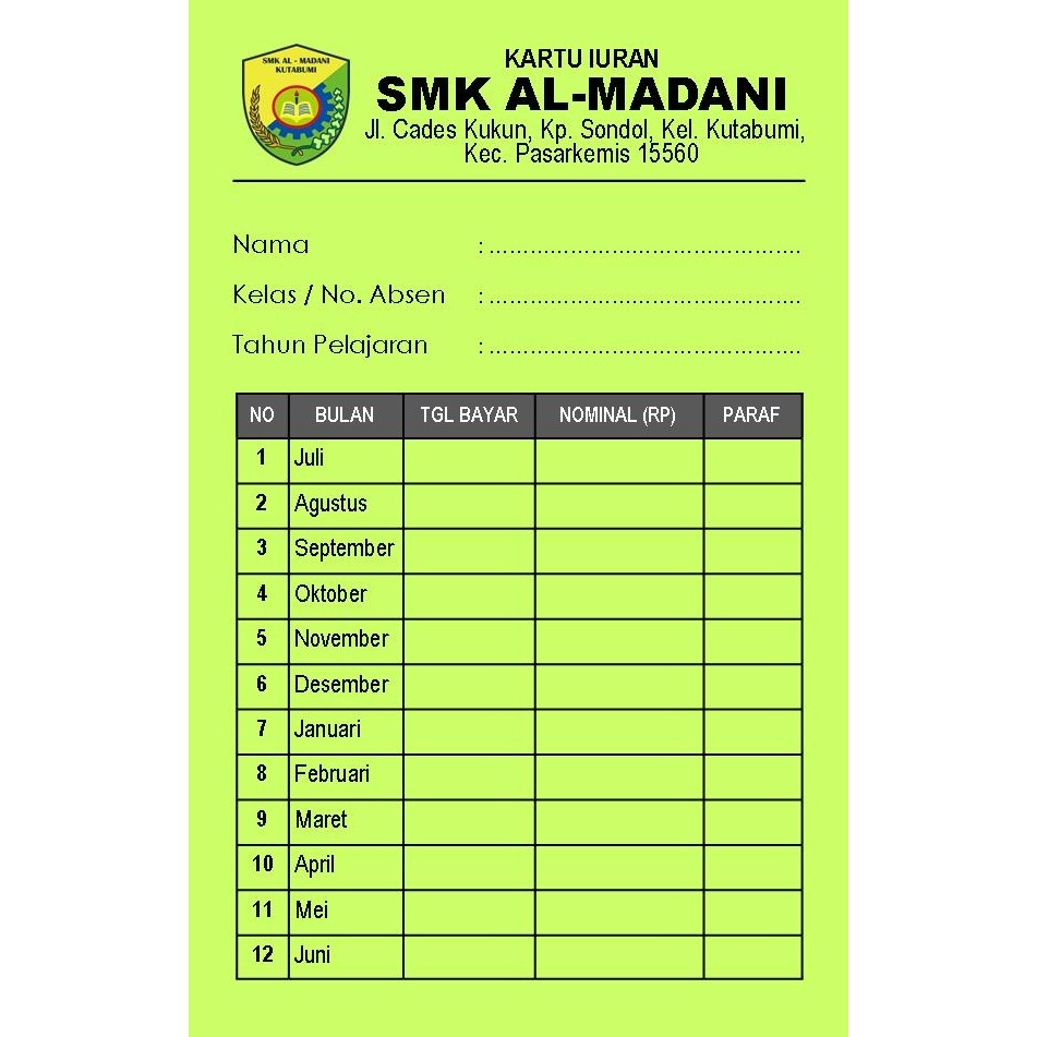 

ES88 CUSTOM KARTTU IURAN SEKOLAH/IURAN BULANAN/IURAN KAS SD/SMP/SMA DLL UK 10,5X16,5CM