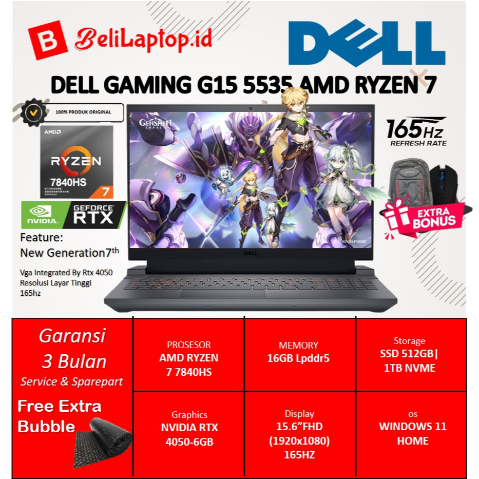 Dell Gaming G15 5535 Amd Ryzen 7 7840HS 16GB DDR5 SSD 1TB RTX 4050-6GB 165HZ