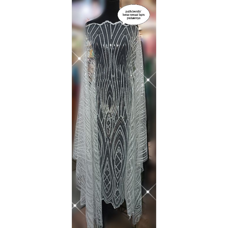 kain renda tile putih berpayet ( per setengah meter)