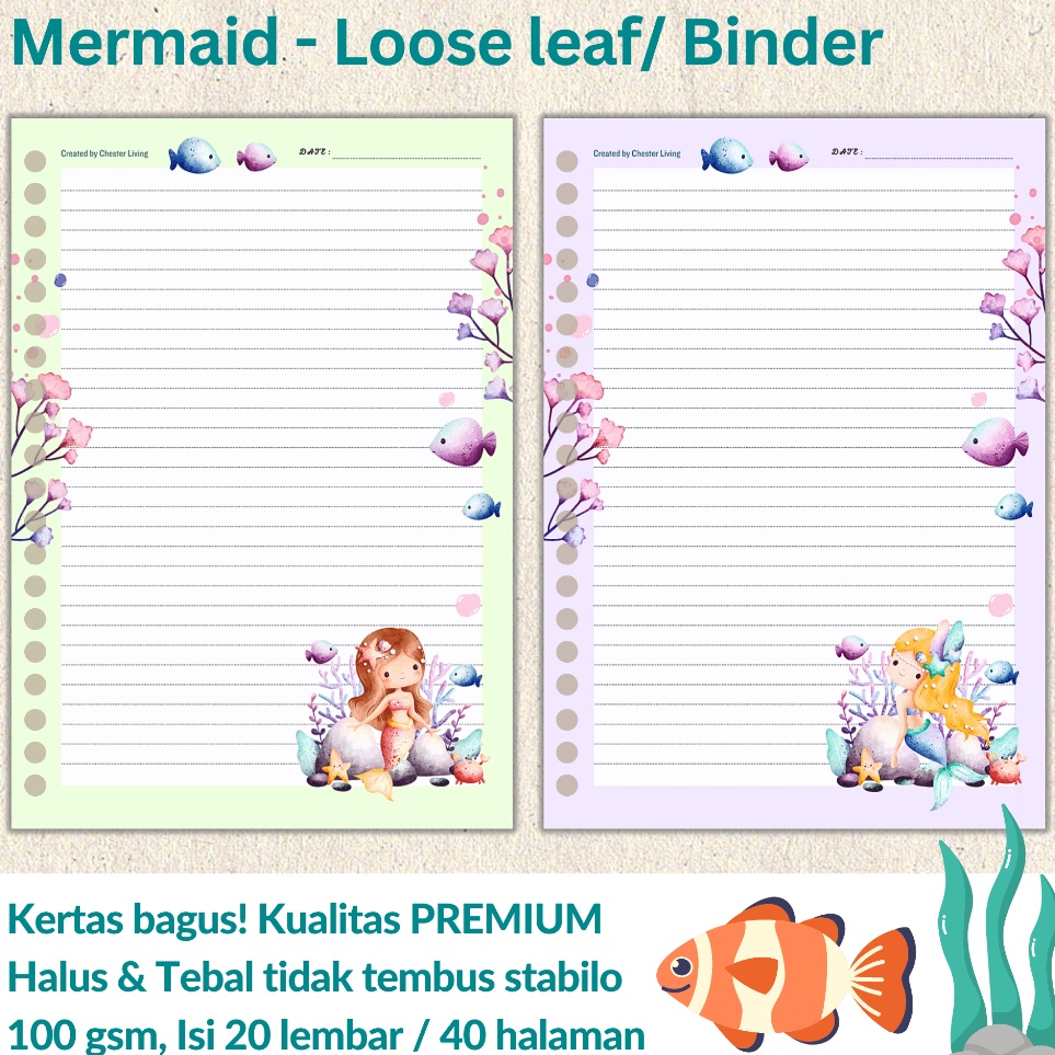 

MERMAID Under The Sea Loose leaf Isi Kes File binder Tebal A5B5 Refill Map Binder Line Grid Dotted Blank Garis Kotak Titik Polos Color Warna Lucu CHESTER LIVING