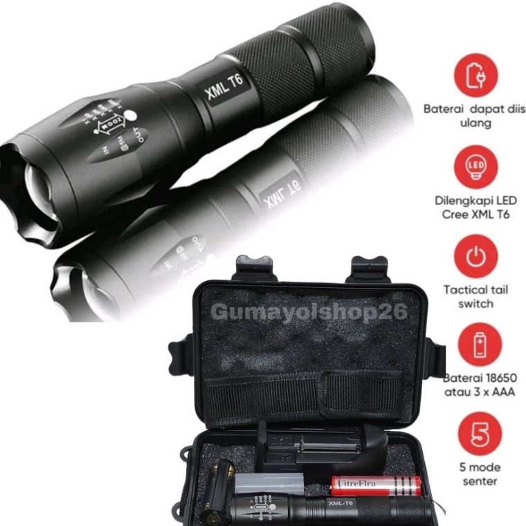 Paling Diminati Senter Led Fulset 8lumens XML2T6 Super Terang Jarak jauh  Paket senter Komplit
