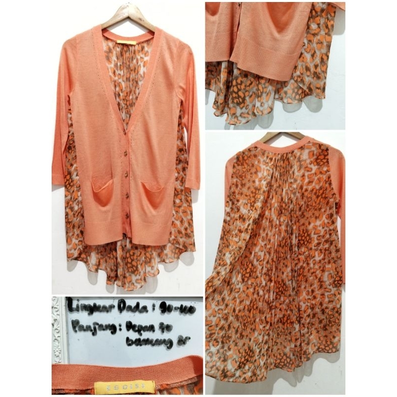 EGOIST CARDIGAN RAJUT MIX SIFON PLISKET MOTIF LEOPARD ORANGE FLOWY LENGAN PANJANG OUTER B13