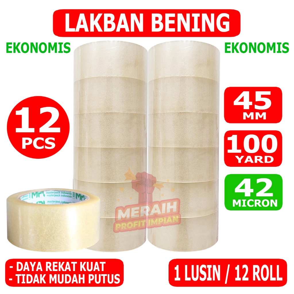

Paket Super Hemat!!! 1 LUSIN / 12PCS - Lakban Bening Ekonomis 100 Yard - Lakban MPI 45 mm x 100 Yard