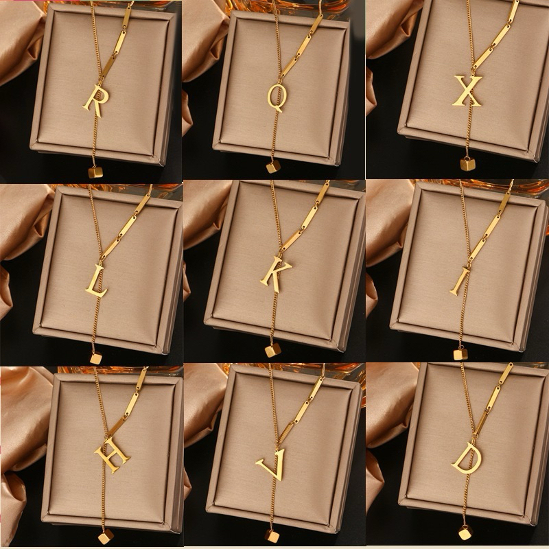 Kalung Titanium Gold/Rosegold/Silver Inisial Alphabet Huruf A-Z Cube Anti Karat Korean Style A01-A26